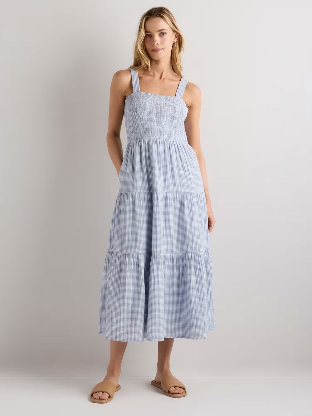 Quince Organic Cotton Gauze Smocked Sleeveless Tiered Maxi Dress Blue Gingham L